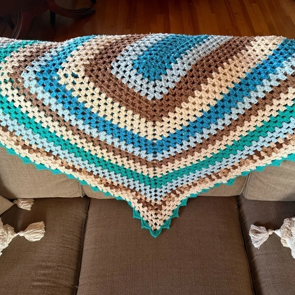 Vintage Handmade Hand Crochet Multicolor Throw Blanket Granny Afghan Grandma